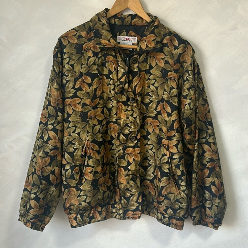 Vintage 100% Silk Bomber Jacket 80s foliage leaves patterened size S or M
